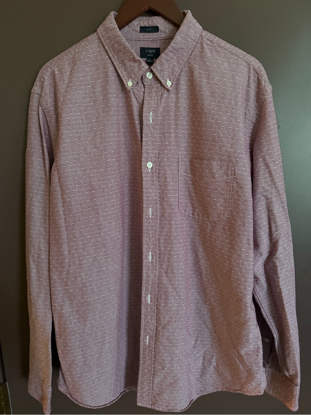 J Crew slim fit oxford button down in maroon and white pin dot